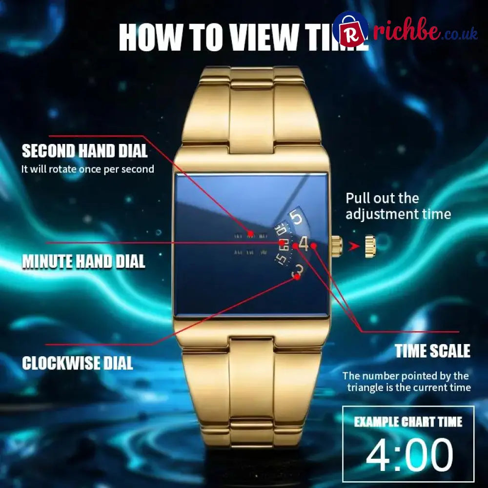 ⌚49% OFF NOW! ✨Men’s Square Face Quartz Watch – Gold Stainless Steel Band Unique Dial Design Business Casual Fashion