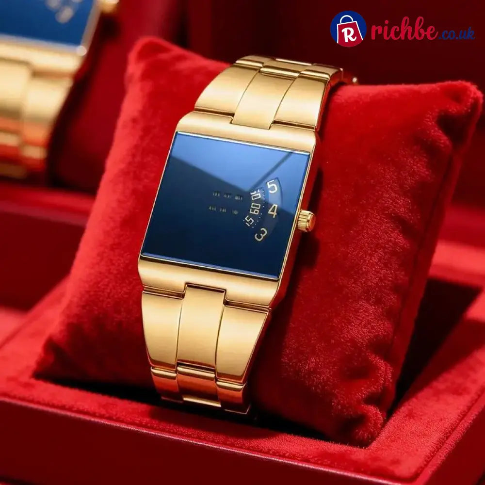 ⌚49% OFF NOW! ✨Men’s Square Face Quartz Watch – Gold Stainless Steel Band Unique Dial Design Business Casual Fashion