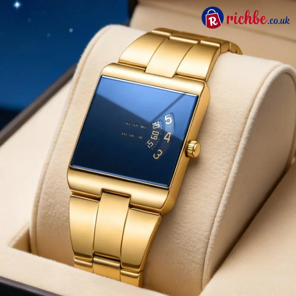 ⌚49% OFF NOW! ✨Men’s Square Face Quartz Watch – Gold Stainless Steel Band Unique Dial Design Business Casual Fashion