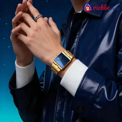 ⌚49% OFF NOW! ✨Men’s Square Face Quartz Watch – Gold Stainless Steel Band Unique Dial Design Business Casual Fashion