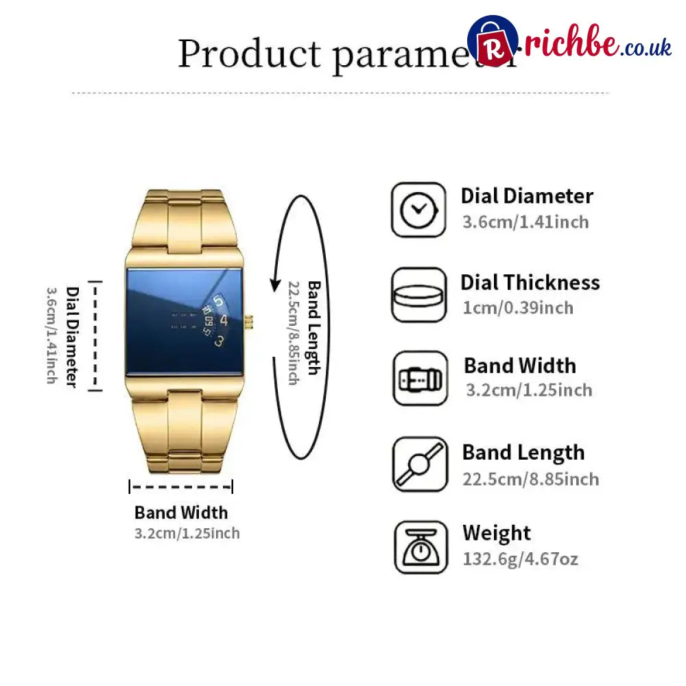 ⌚49% OFF NOW! ✨Men’s Square Face Quartz Watch – Gold Stainless Steel Band Unique Dial Design Business Casual Fashion