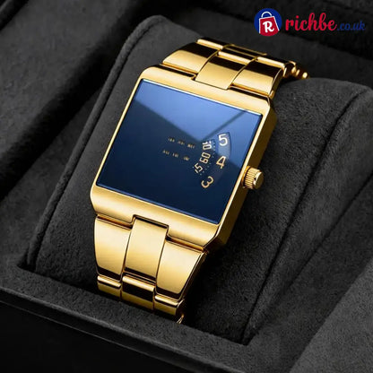 ⌚49% OFF NOW! ✨Men’s Square Face Quartz Watch – Gold Stainless Steel Band Unique Dial Design Business Casual Fashion