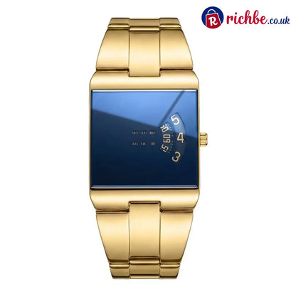 ⌚49% OFF NOW! ✨Men’s Square Face Quartz Watch – Gold Stainless Steel Band Unique Dial Design Business Casual Fashion