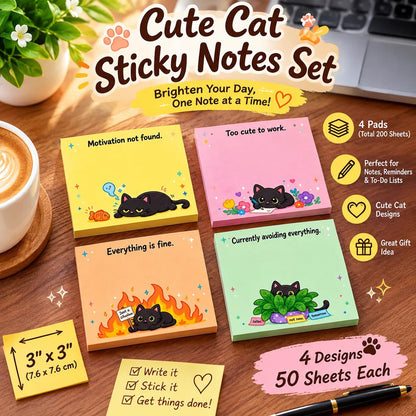 🐾 Sassy Black Cat Sticky Notes – 4 Funny 3" × 3" Memo Pads for Work, School & Home