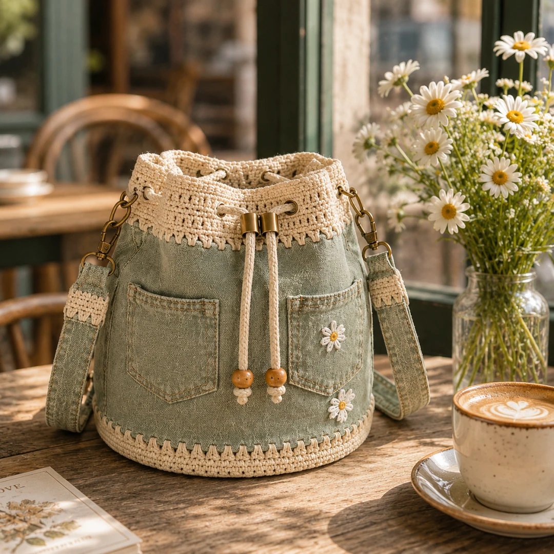 🔥HOT SALE 40% OFF✨👜Handmade Denim Crochet Bucket Bag
