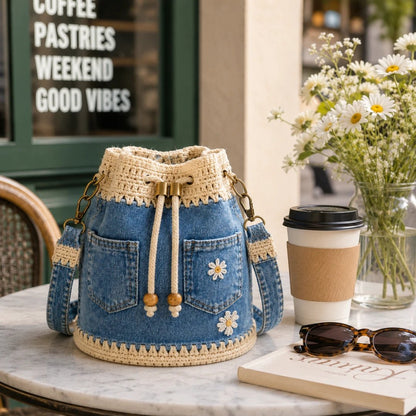 🔥HOT SALE 40% OFF✨👜Handmade Denim Crochet Bucket Bag