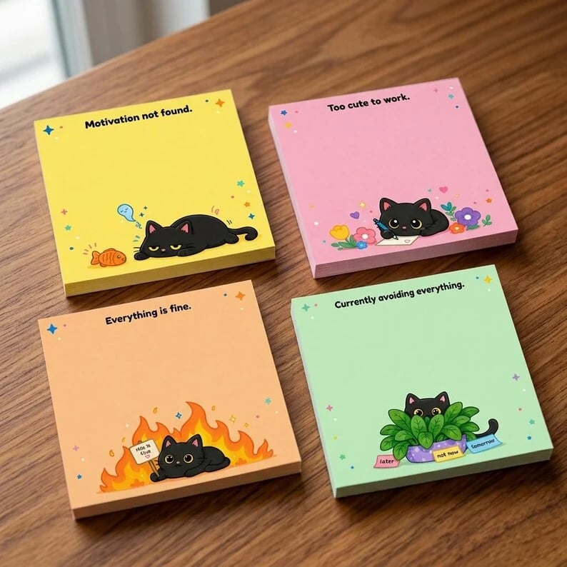 🐾 Sassy Black Cat Sticky Notes – 4 Funny 3" × 3" Memo Pads for Work, School & Home