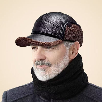 🧢🐂New Men's Winter Hat with Sheepskin Flat Top Earmuffs