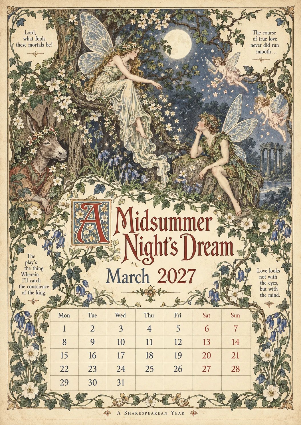 🎁A Shakespearean Year 2027 – 12 Plays Through the Seasons | Vintage Illustrated Wall Calendar