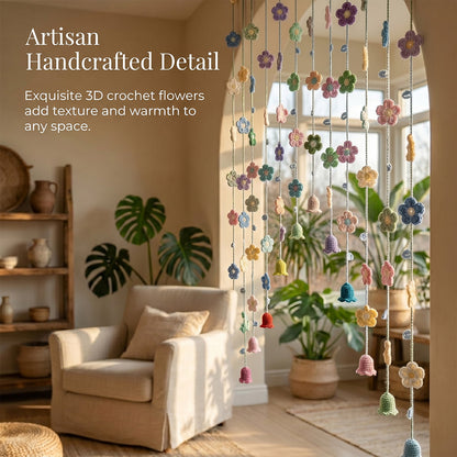 Hand-Crocheted Flower Door Curtain, Multi-Color Floral & Bell Orchid Design, Bedroom Decor, Trendy Gift