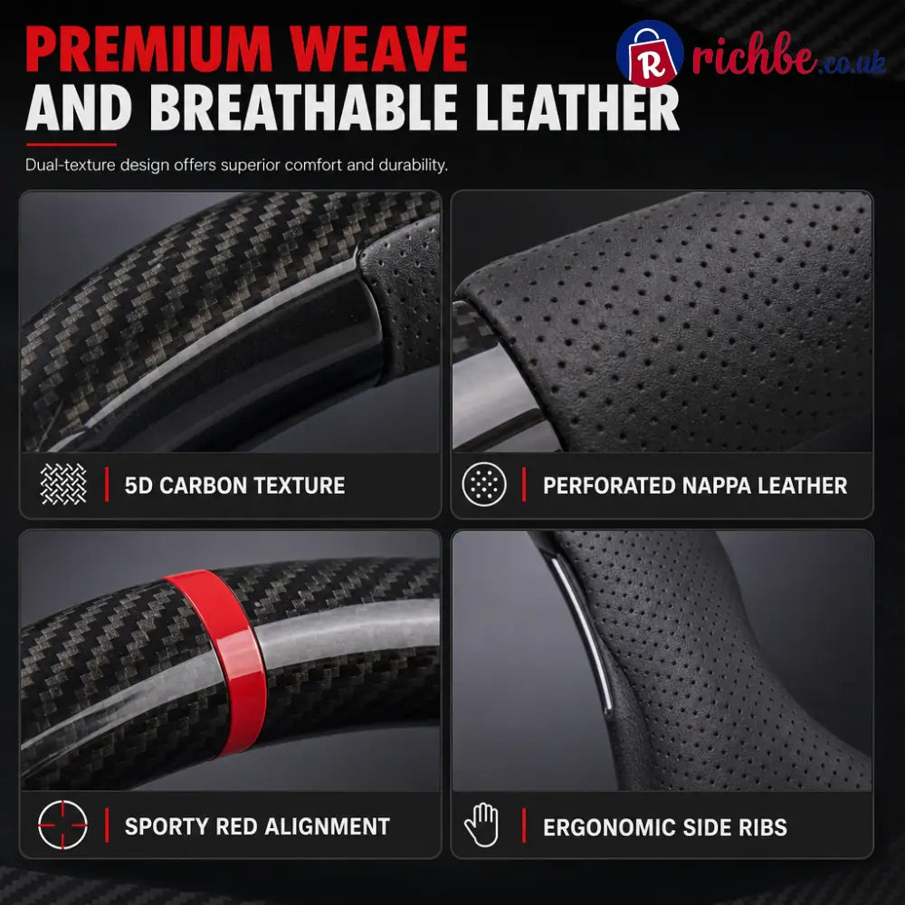 5D Carbon Fiber and Nappa Leather Car Steering Wheel Cover Breathable Sweat Absorbing Non Slip Steering Wheel Protector