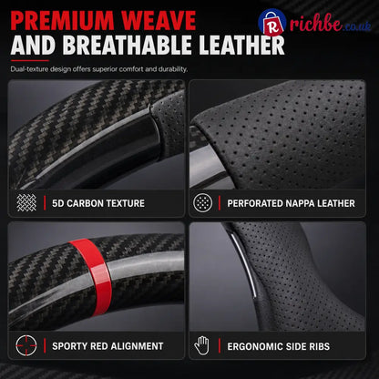 5D Carbon Fiber and Nappa Leather Car Steering Wheel Cover Breathable Sweat Absorbing Non Slip Steering Wheel Protector