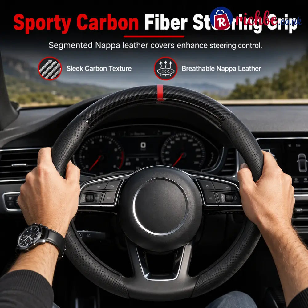 5D Carbon Fiber and Nappa Leather Car Steering Wheel Cover Breathable Sweat Absorbing Non Slip Steering Wheel Protector