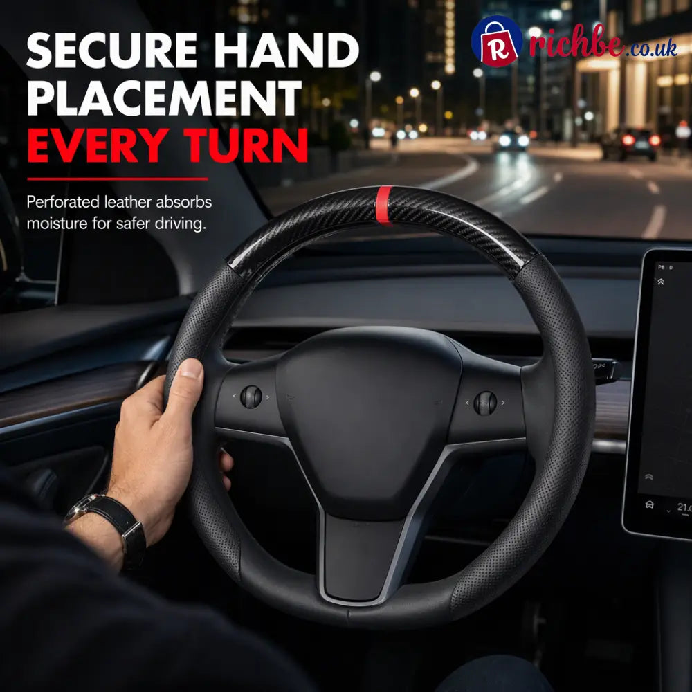 5D Carbon Fiber and Nappa Leather Car Steering Wheel Cover Breathable Sweat Absorbing Non Slip Steering Wheel Protector