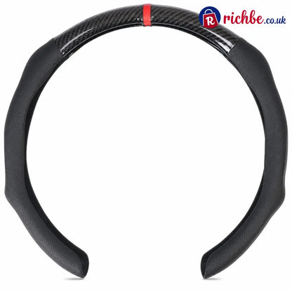 5D Carbon Fiber and Nappa Leather Car Steering Wheel Cover Breathable Sweat Absorbing Non Slip Steering Wheel Protector
