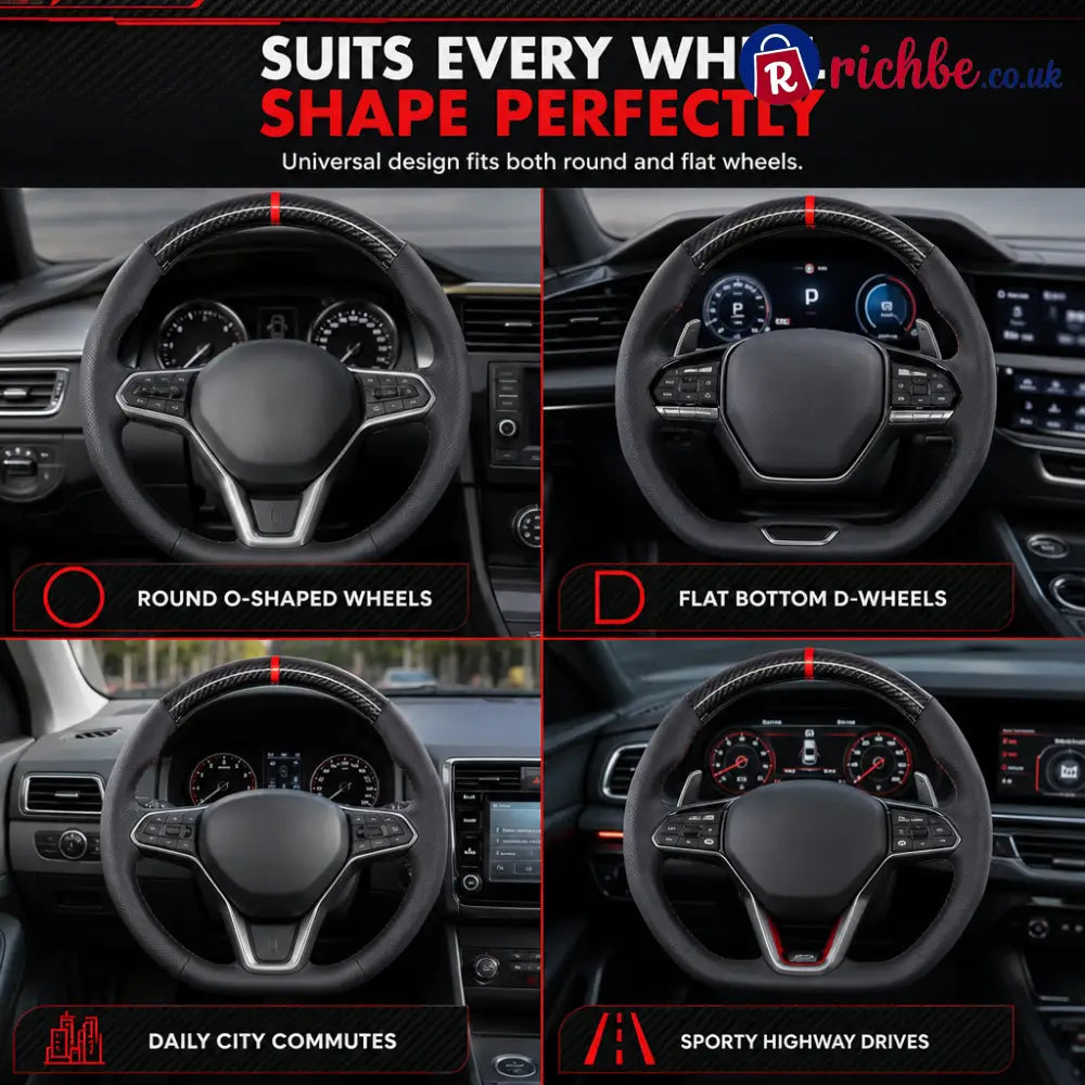 5D Carbon Fiber and Nappa Leather Car Steering Wheel Cover Breathable Sweat Absorbing Non Slip Steering Wheel Protector