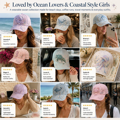 🌊 3D Ocean Creatures Printing Cap | Pearl & Crystal Adjustable Hat for Beach, Travel & Everyday Wear