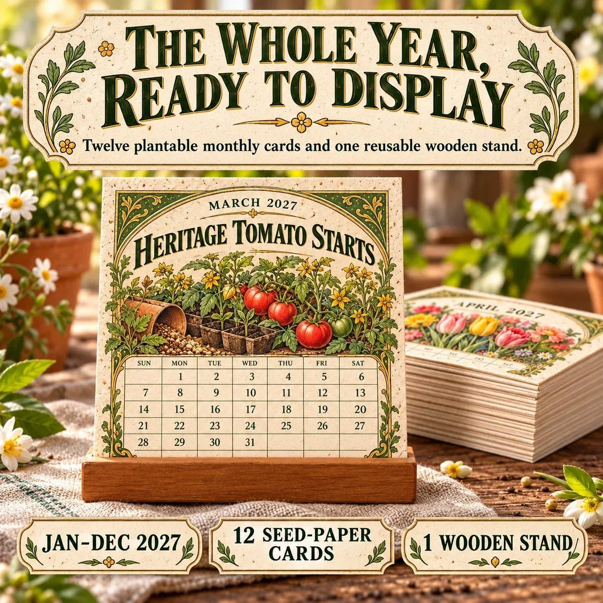 🌱 2027 Heirloom Garden Plantable Seed Calendar | 12 Plantable Months with Vintage Botanical Art & Wooden Stand 🌼
