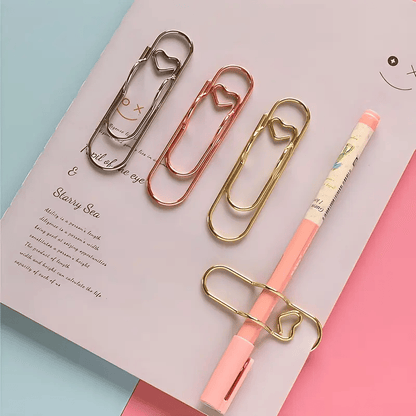 6Pcs- 3 Colors Heart Pen Clip Metal Pencil Clips Multifunctional Rose Gold Silver Carbon Steel Paperclip