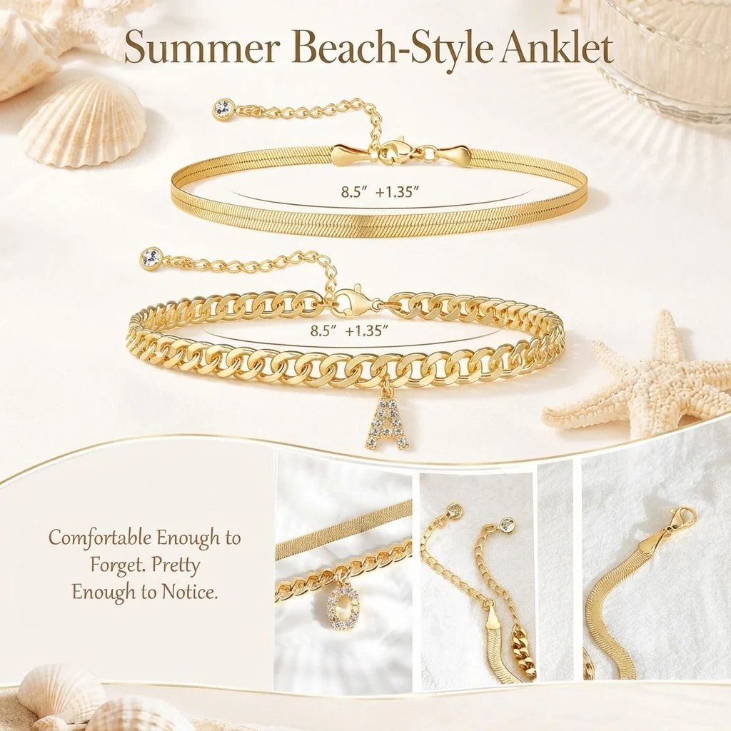 ✨ Gold Initial Anklet – 14K Gold Plated, Waterproof Adjustable Letter Pendant, Stackable Beach Jewelry