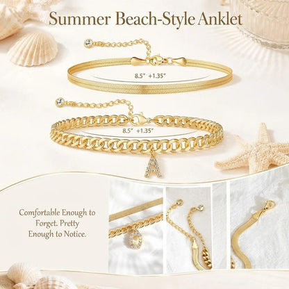 ✨ Gold Initial Anklet – 14K Gold Plated, Waterproof Adjustable Letter Pendant, Stackable Beach Jewelry