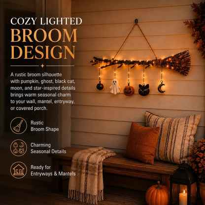 🍂 Lighted Fall Broom Wall Hanging – Cozy Halloween & Autumn Decor