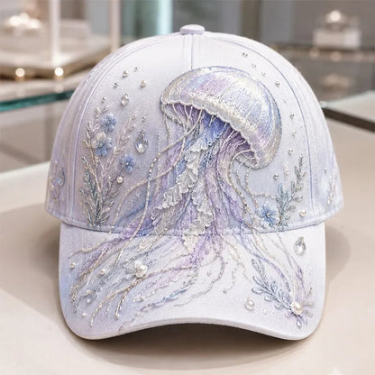 🌊 3D Ocean Creatures Printing Cap | Pearl & Crystal Adjustable Hat for Beach, Travel & Everyday Wear