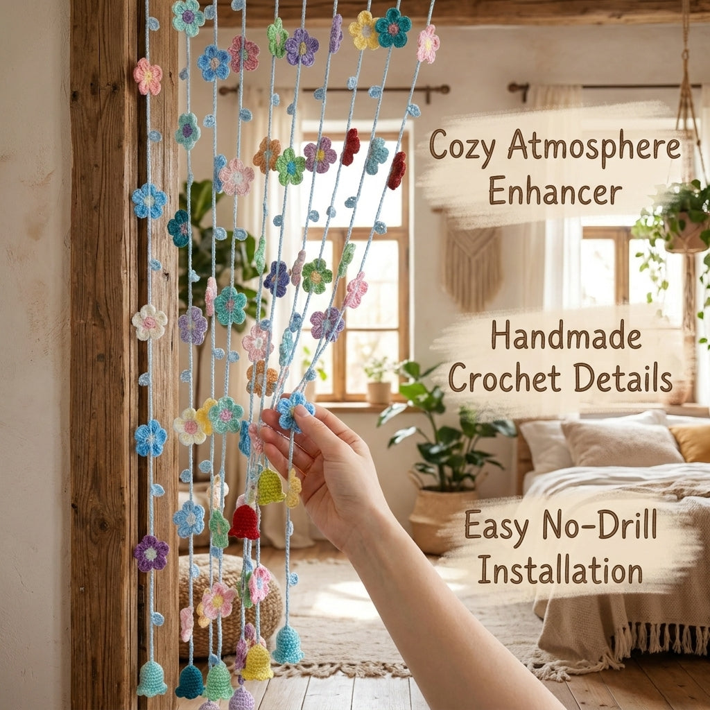 Hand-Crocheted Flower Door Curtain, Multi-Color Floral & Bell Orchid Design, Bedroom Decor, Trendy Gift
