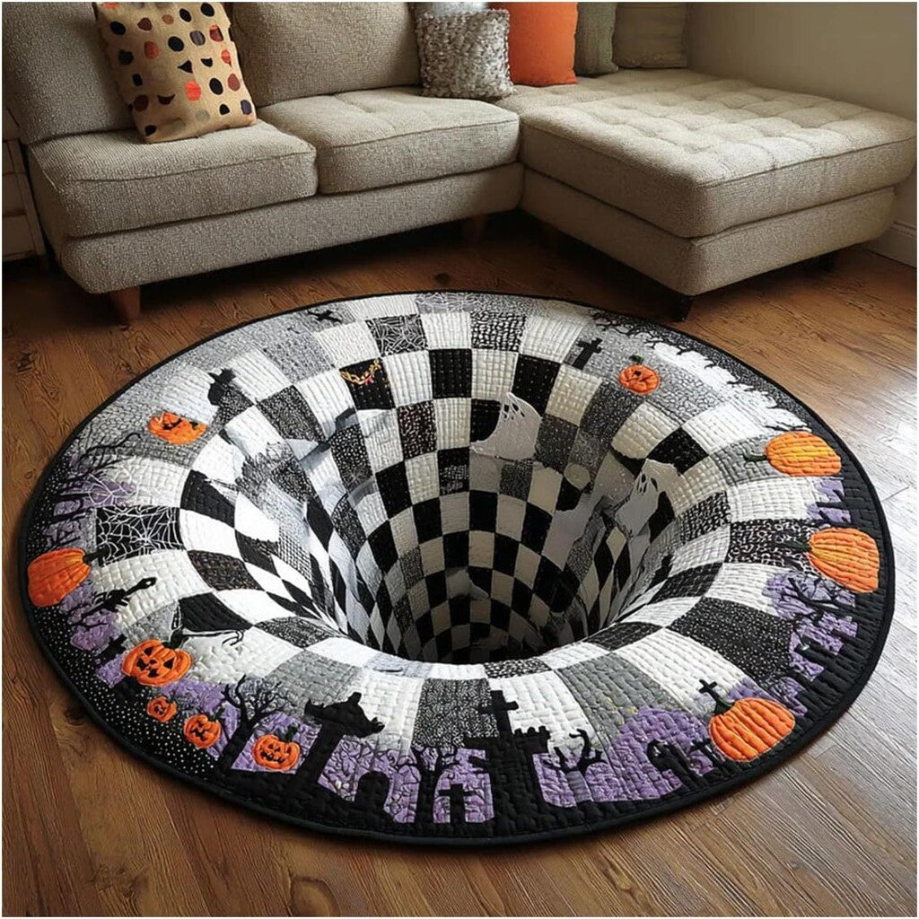 🎃 3D Optical Illusion Skeleton Vortex Quilted Round Halloween Rug