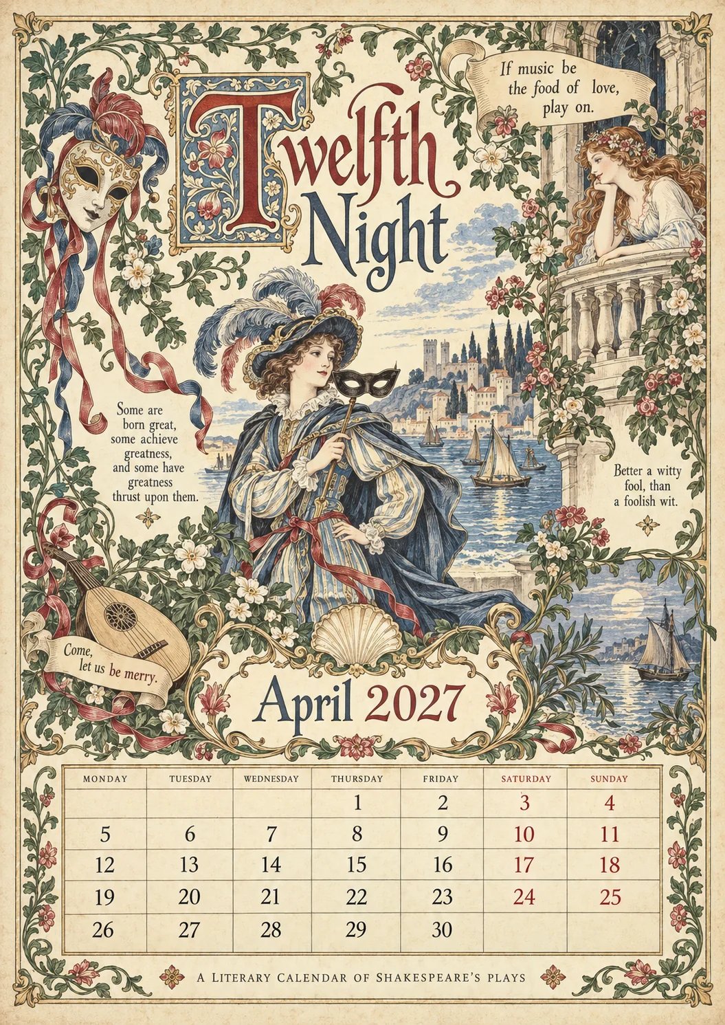 🎁A Shakespearean Year 2027 – 12 Plays Through the Seasons | Vintage Illustrated Wall Calendar
