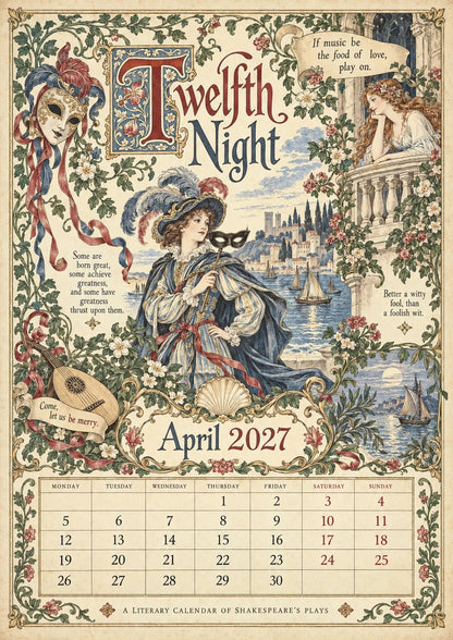 🎁A Shakespearean Year 2027 – 12 Plays Through the Seasons | Vintage Illustrated Wall Calendar