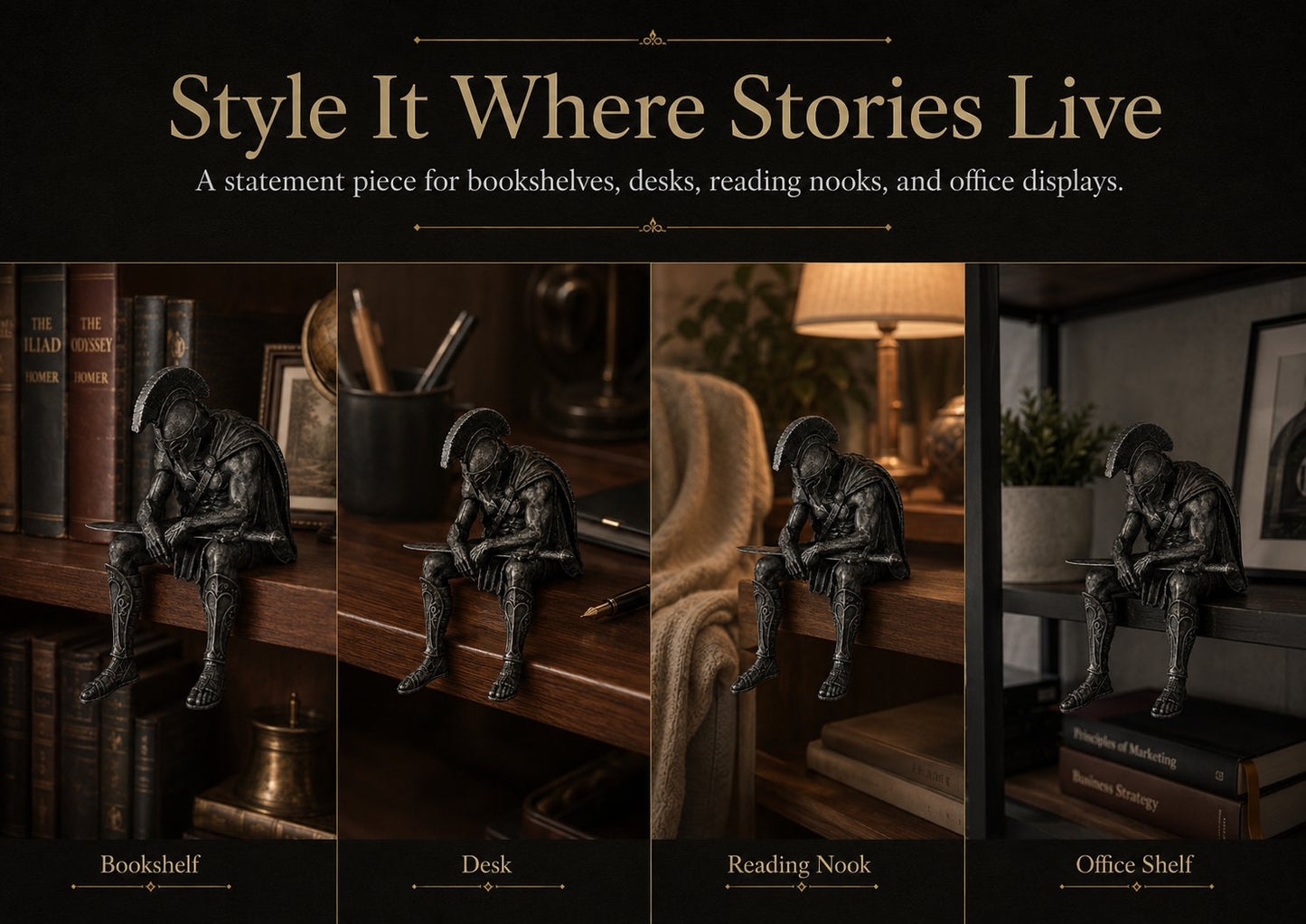⚔️ Ancient Greek Warrior Shelf Sitter – Unique Bookshelf Decor