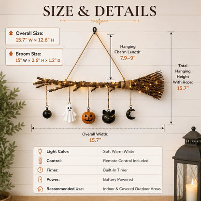 🍂 Lighted Fall Broom Wall Hanging – Cozy Halloween & Autumn Decor
