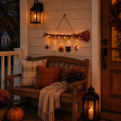 🍂 Lighted Fall Broom Wall Hanging – Cozy Halloween & Autumn Decor