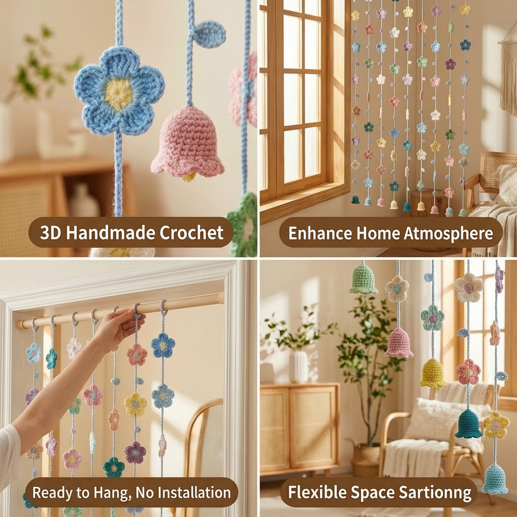 Hand-Crocheted Flower Door Curtain, Multi-Color Floral & Bell Orchid Design, Bedroom Decor, Trendy Gift