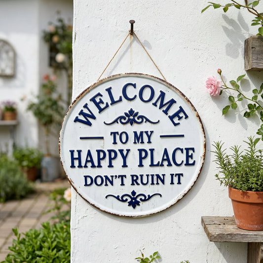😂Vintage Round Metal Sign – “Welcome to My Happy Place Don’t Ruin It” Garden Wall Decor