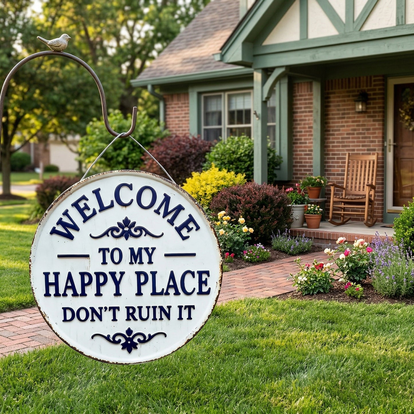 😂Vintage Round Metal Sign – “Welcome to My Happy Place Don’t Ruin It” Garden Wall Decor