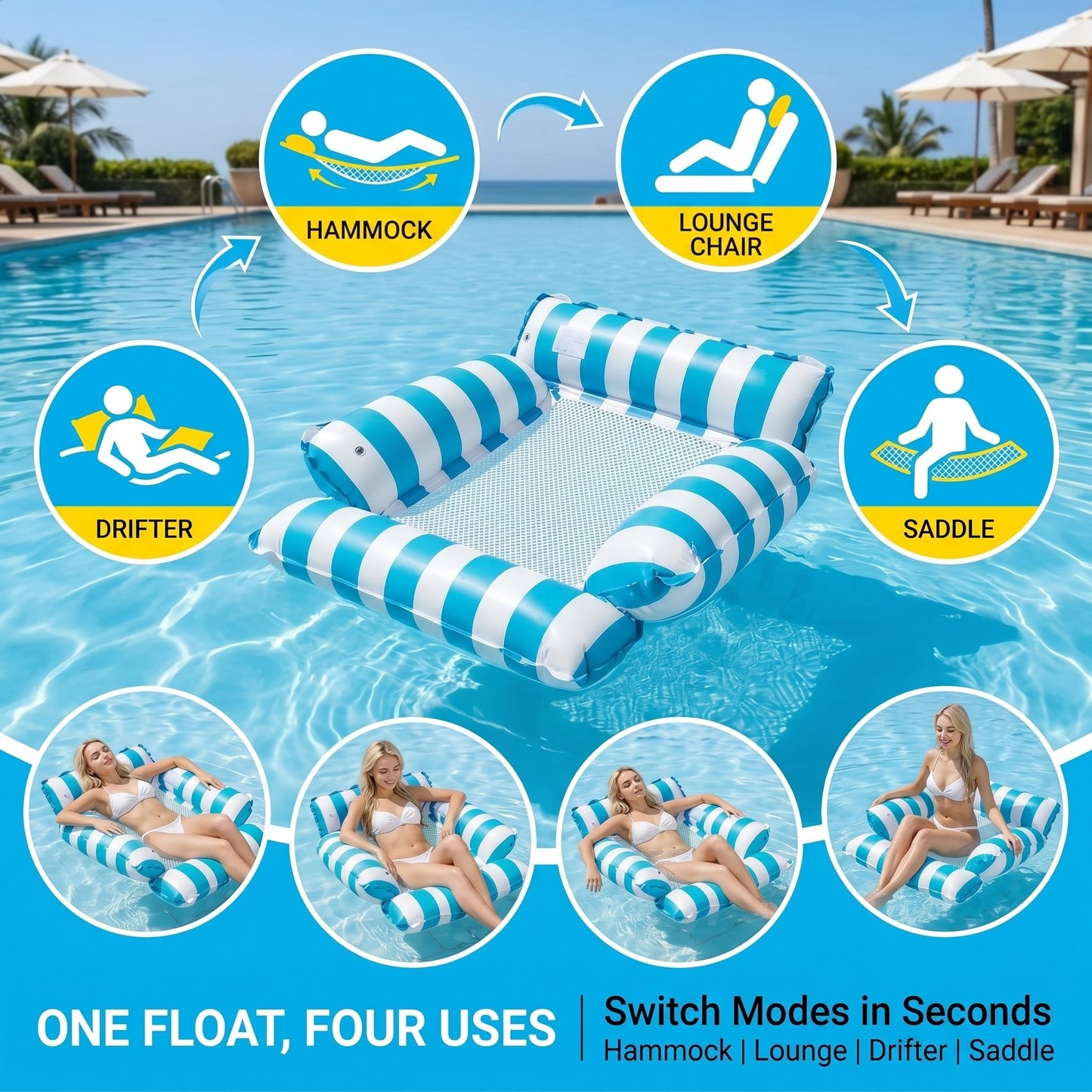 🛟(With air pump!!)🔥4-in-1 Inflatable Water Hammock – Pool Floating Lounge Chair & Swimming Bed