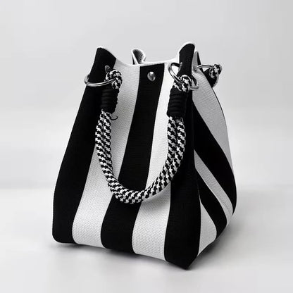 📢📢40% OFF !! ⏰🌴 Boho Striped Knit Bucket Handbag for Women – Handmade Summer Beach Shoulder Bag