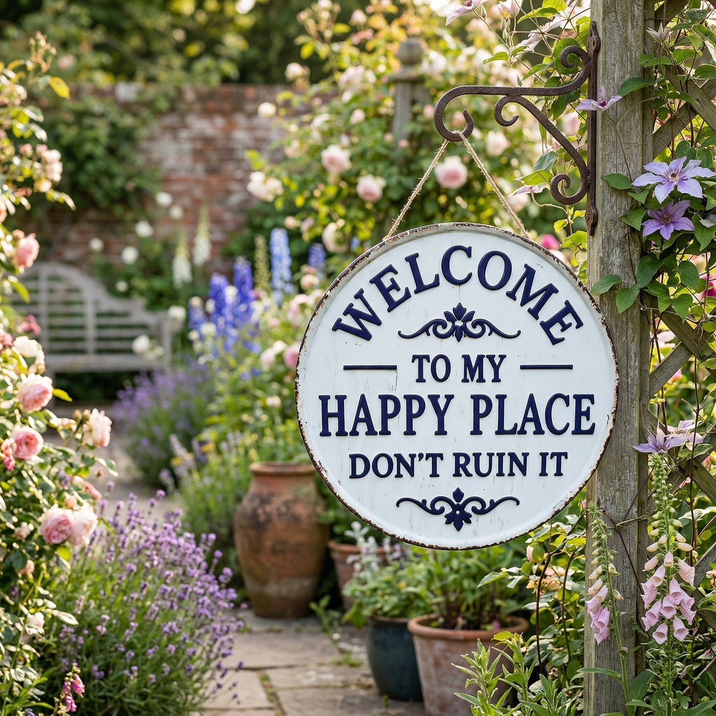 😂Vintage Round Metal Sign – “Welcome to My Happy Place Don’t Ruin It” Garden Wall Decor