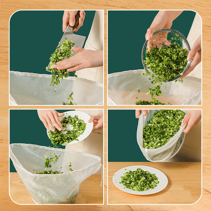 🥬48% OFF NOW! No-Mess Fine Mesh Nylon Strain Bag – Reusable Food Filter Bag for Squeezing Vegetable Water, Straining Juice, Nut Milk & Dumpling Filling, Drawstring Food Strainer Bag for Kitchen