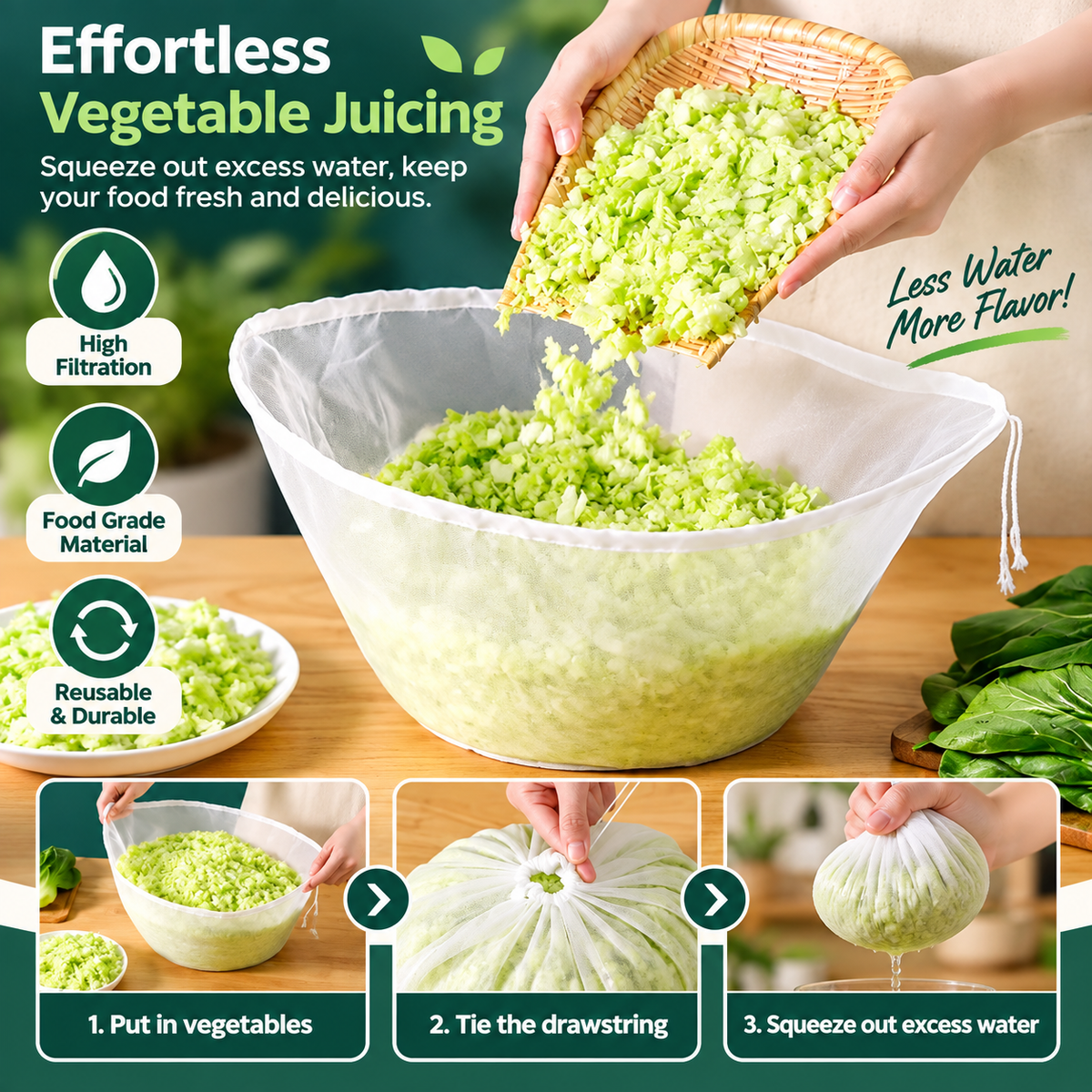 🥬48% OFF NOW! No-Mess Fine Mesh Nylon Strain Bag – Reusable Food Filter Bag for Squeezing Vegetable Water, Straining Juice, Nut Milk & Dumpling Filling, Drawstring Food Strainer Bag for Kitchen