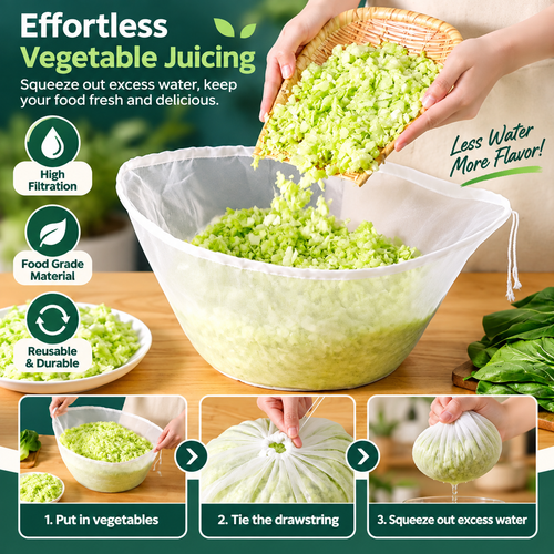 🥬48% OFF NOW! No-Mess Fine Mesh Nylon Strain Bag – Reusable Food Filter Bag for Squeezing Vegetable Water, Straining Juice, Nut Milk & Dumpling Filling, Drawstring Food Strainer Bag for Kitchen