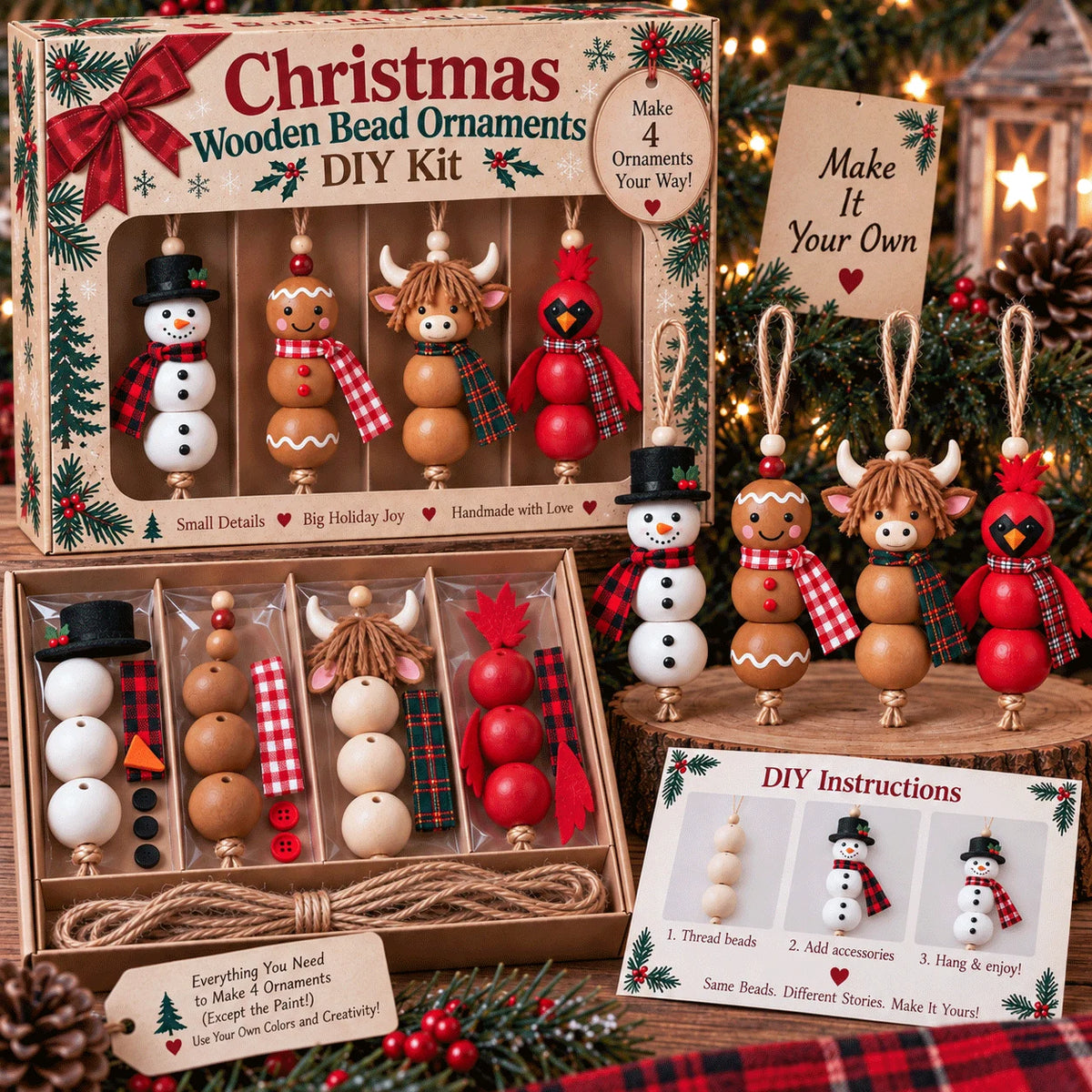 🔥hot Sale🔥🎄 Christmas Wooden Bead Ornament Diy Kit – Set Of 4