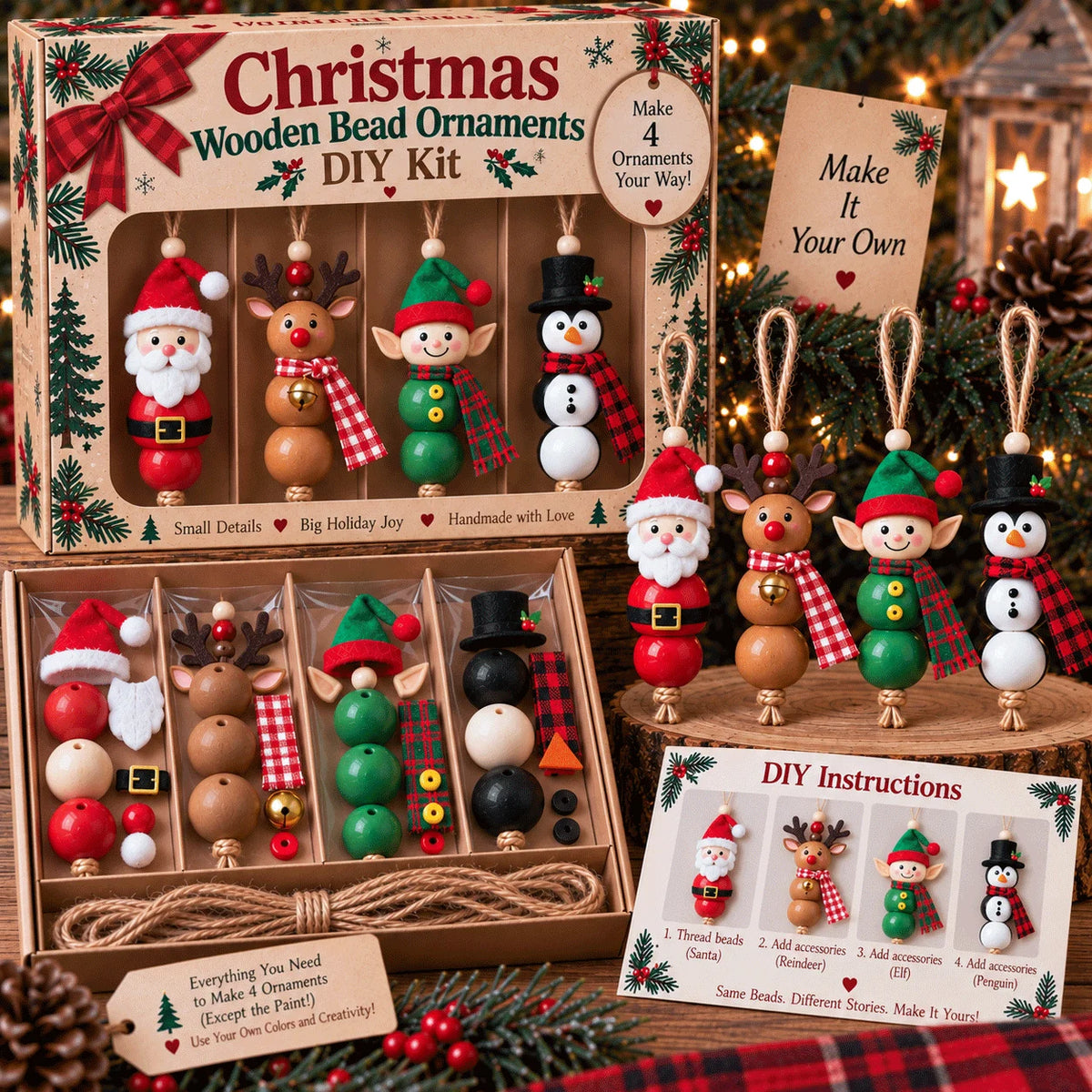 🔥hot Sale🔥🎄 Christmas Wooden Bead Ornament Diy Kit – Set Of 4