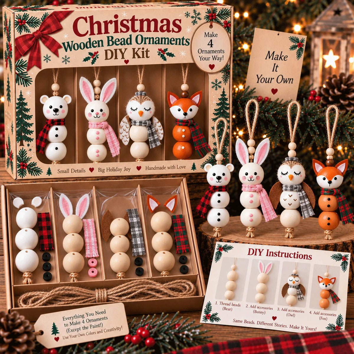 🔥hot Sale🔥🎄 Christmas Wooden Bead Ornament Diy Kit – Set Of 4