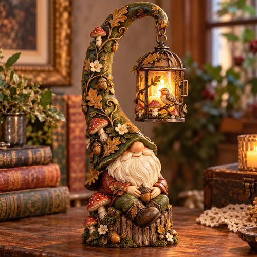 Enchanted Forest Gnome Lantern – Woodland Bird & Mushroom Lighted Decor