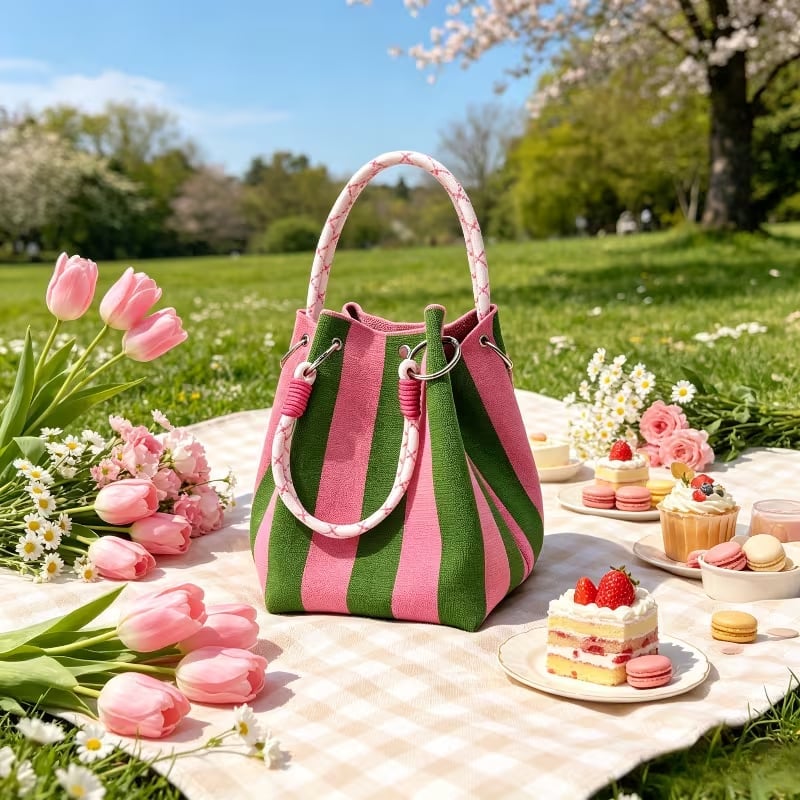 📢📢40% OFF !! ⏰🌴 Boho Striped Knit Bucket Handbag for Women – Handmade Summer Beach Shoulder Bag