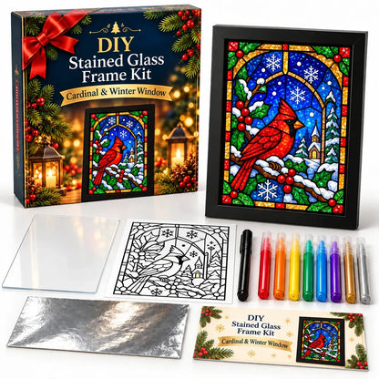 ⏳ Last Day 49% Off – 🎄beginner-friendly Christmas Stained Glass-style Frame Kit | 8 Festive Designs With Pens, Foil & Frame ✨