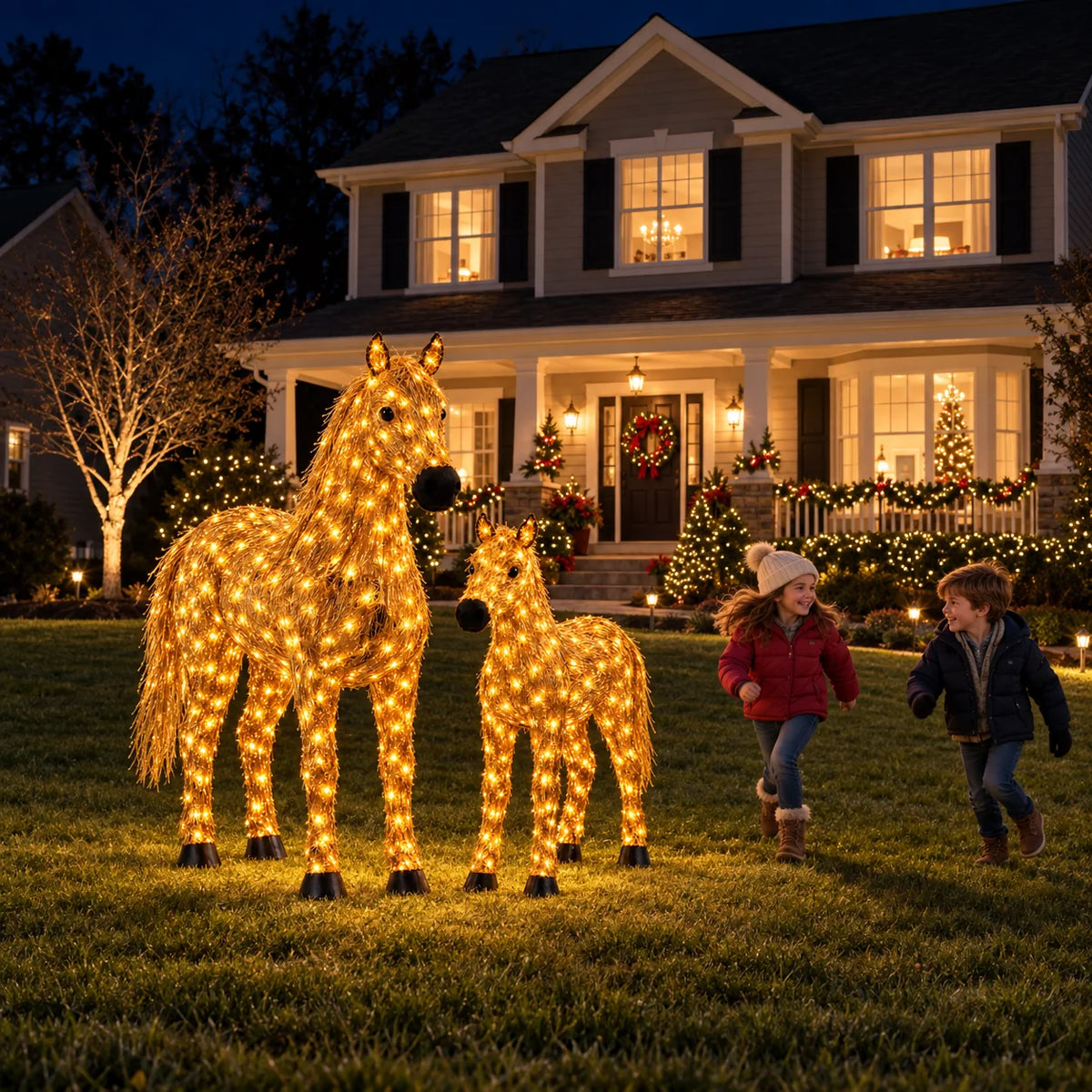 ✨🐎 Light-Up Christmas Horse & Foal Set – Warm White LED Holiday Display